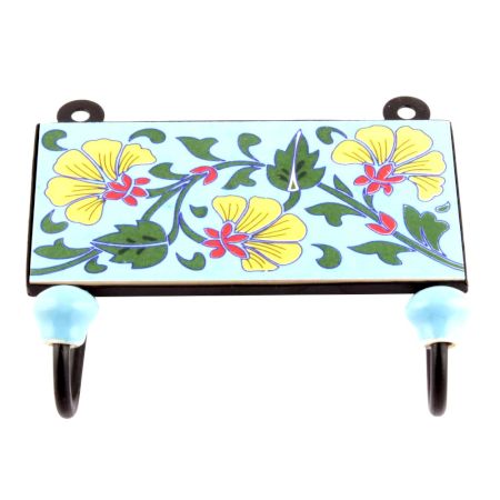 Turquoise And Forest Green Leaf Ceramic Floral Tiles Hooks
